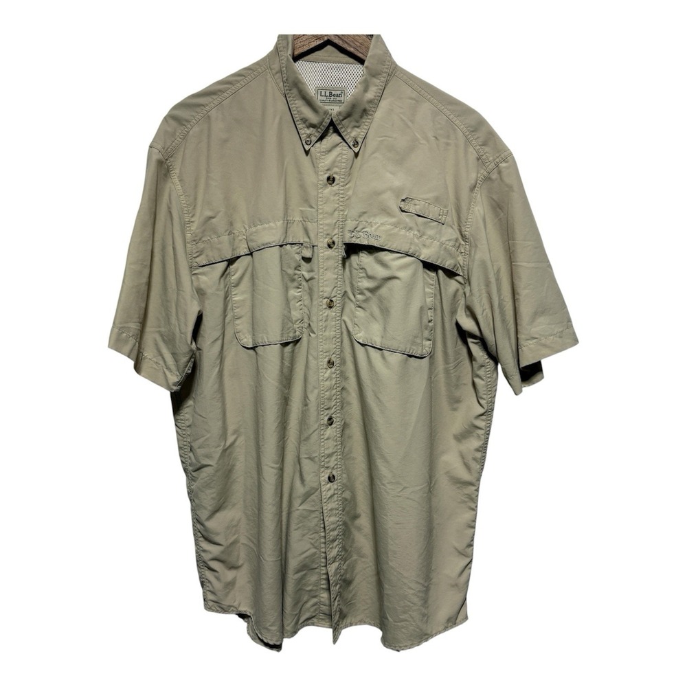 LL Bean Shirt Mens L Tall Beige Short Sleeve Fishing Outdoor Hiking Button Front